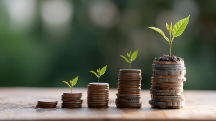 Stacks of coins with small green plants growing on top showing financial growth concept idea