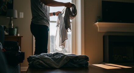 Folding Laundry in Bright Sunlight Domestic Chore with Dust Motes.