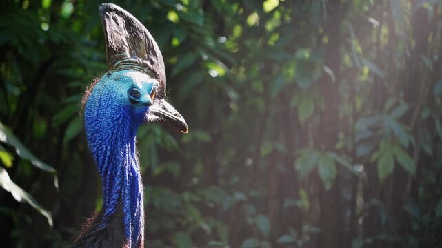 Cassowary Standing in Lush Forest Under Dappled Sunlight, Showcasing Vibrant Plumage and Natural Habitat With Shallow Depth Of Field