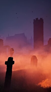 An old, abandoned cemetery with headstones jutting out in all directions and light emanating from the graves, next to ancient ruins. Halloween. 3D rendering.