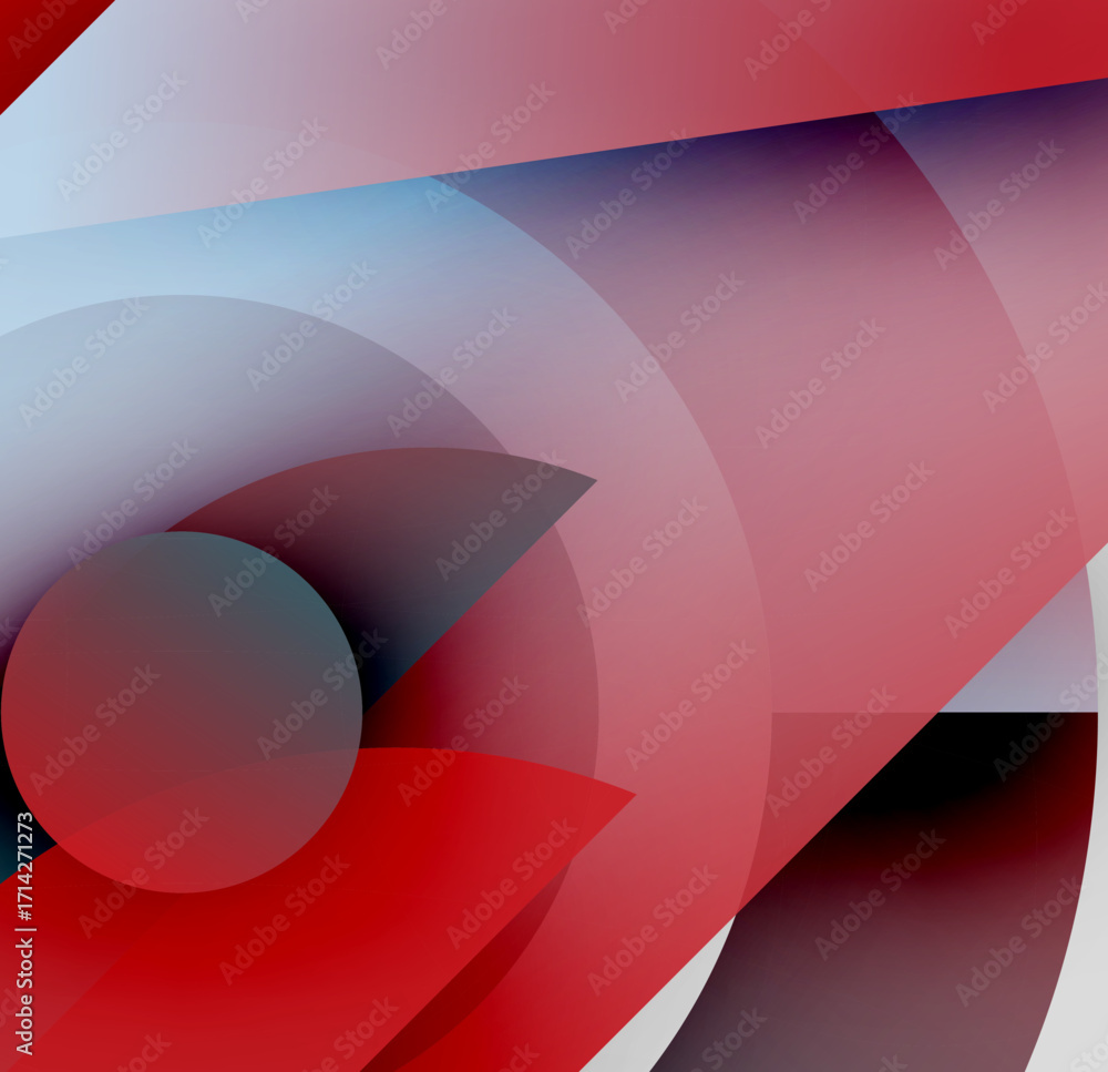 Poster Abstract composition. Overlapping circles, rectangles create dynamic visual effect. Red, gray, white hues dominate design. Minimalist aesthetic.