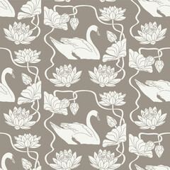 Vintage art nouveau style hand drawn swan swimming in lake with lotus flowers brown and beige damask seamless pattern