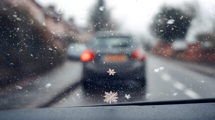 A snowy scene viewed through a car windshield as traffic moves slowly on a winter day.
