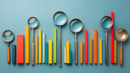 Magnifying glasses and colorful blocks arranged on a light blue surface in a studio shot