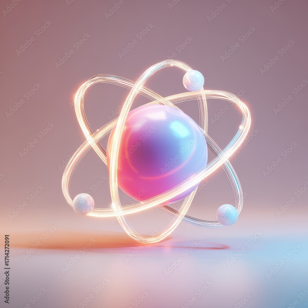 Poster atom model illustration: an illuminated 3d rendering of an atom, showcasing its fundamental structur