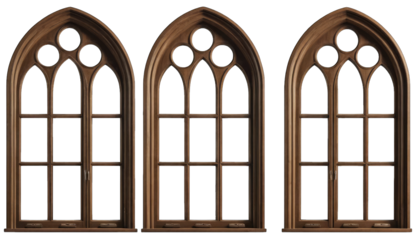 Three Gothic Wooden Windows with Circular Tracery architecture isolated on a transparent background