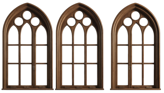 Three Gothic Wooden Windows with Circular Tracery architecture isolated on a transparent background - Powered by Adobe