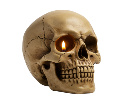 Skull decoration with glowing candle in eye socket isolated on white background