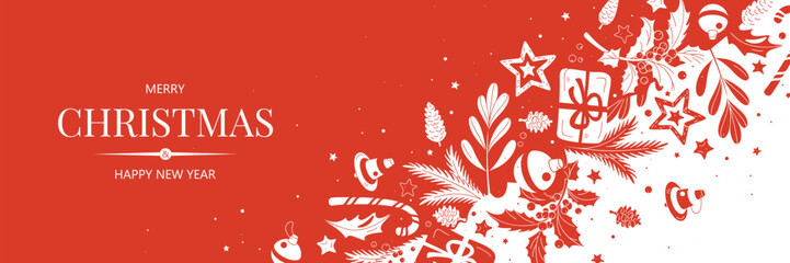 Horizontal banner with white and red Christmas symbols. Christmas gifts, decor and branches of plants and trees. Winter background with place for text.