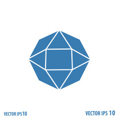 A stylized blue geometric diamond shape with sharp facets and a central square.