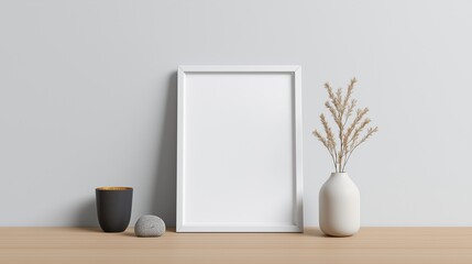 A blank, empty white picture frame stands on a wooden table, with a plant in a vase and a small cup against a gray wall