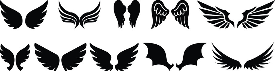 Wings icon, Black wing silhouettes, Angel and bird wings icons, Wings collection in different shapes.Vector angel wings set collection illustration drawing silhouette design graphic element isolated 