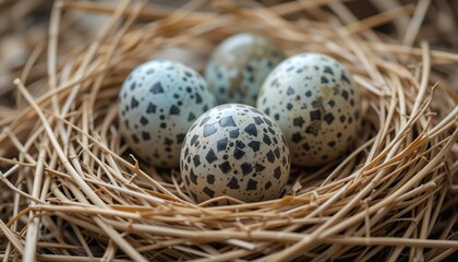 Obraz premium Closeup of quail eggs in a natural bird's nest, showing the delicate speckled shells and rustic organic texture in soft lighting.