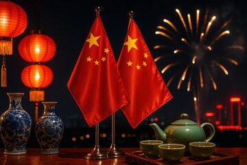China national flags with glowing lanterns, porcelain vases, tea set, fireworks and city skyline for Golden Week celebration