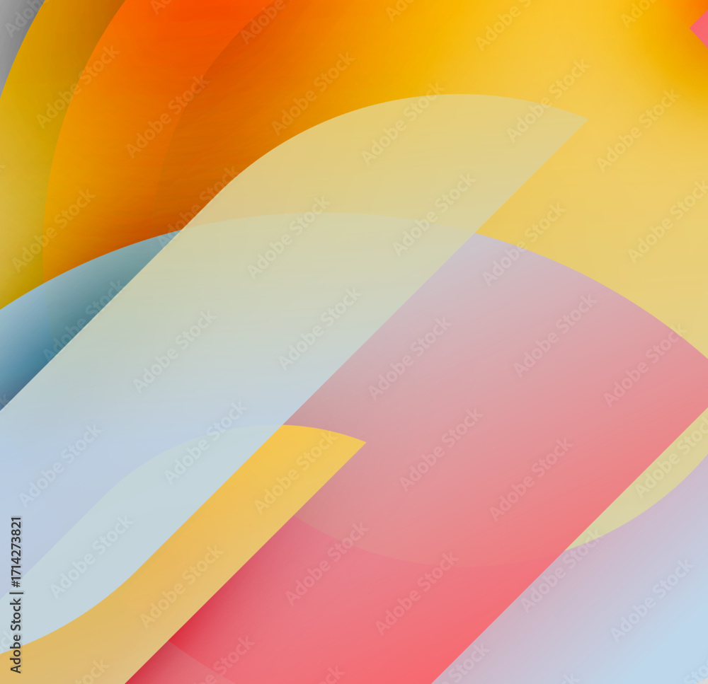 Poster Abstract composition. Overlapping translucent shapes create soft gradients, warm tones dominate with cool accents. Minimalist design.