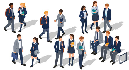 Diverse Group of High School Students in Uniforms and Casual Attire.