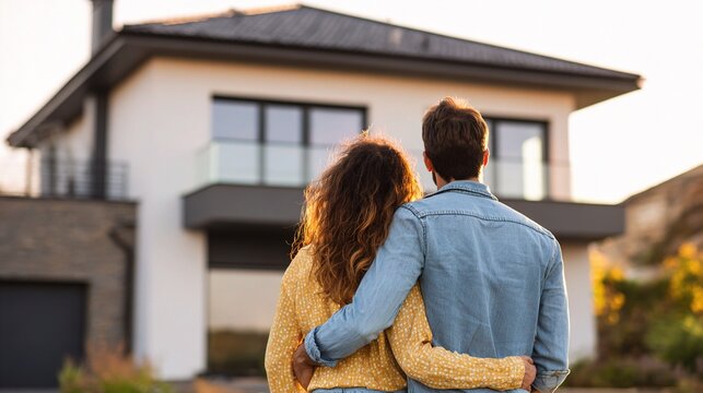 Happy couple standing close together in front of a modern single-family house, upper body portrait with soft side natural lighting, blurred residential background creating warm and cozy atmosphere