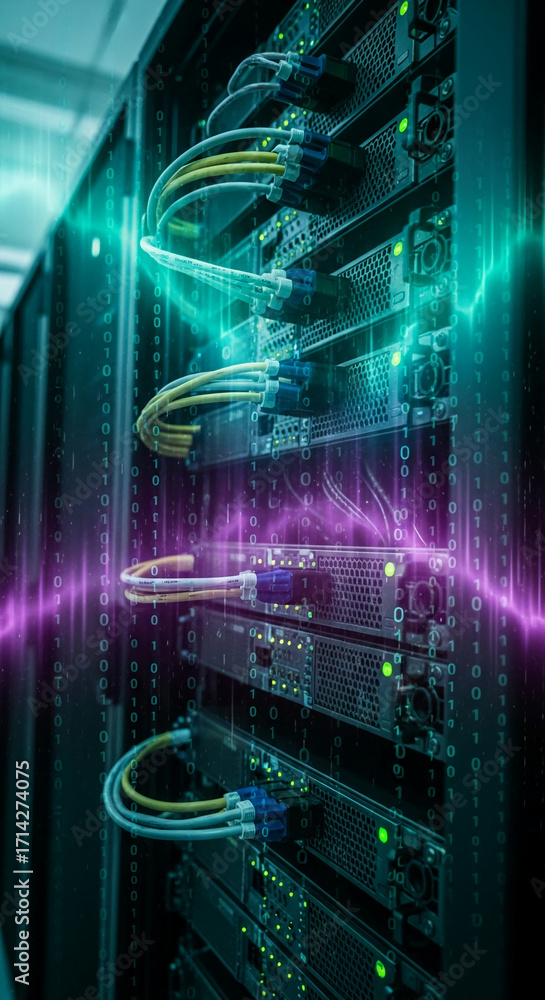 Poster close-up of server rack with fiber optic cables, binary code overlay, showcasing data transfer and n