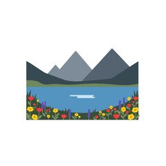 Obraz premium A serene landscape illustration featuring mountains, a lake, and vibrant wildflowers in the foreground.