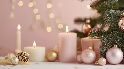 A cozy, festive scene with lit candles, pink and gold ornaments, and a Christmas tree against a pastel pink background.