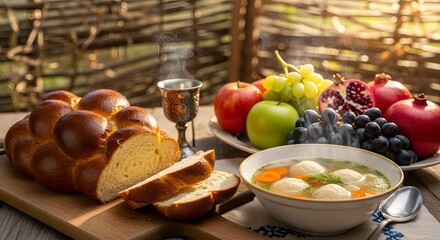 A festive Jewish holiday table setting featuring challah bread, matzah ball soup, fruit, and a kiddush cup.