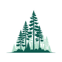 Silhouette of a forest of evergreen trees against a white background.