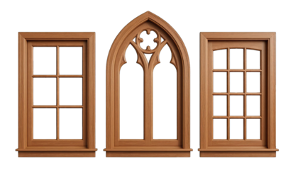 Three Wooden Gothic Style Windows on Black Background isolated on a transparent background