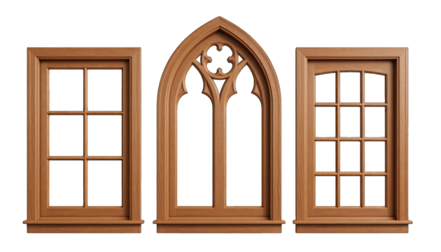 Three Wooden Gothic Style Windows on Black Background isolated on a transparent background