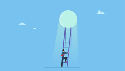 Businessman climb up ladder to light shining way out. Hopefulness motivation to solve problem, challenge to overcome difficulty or courage to escape for freedom, hope to overcome fear.
