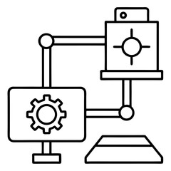 Obraz premium Outline illustration of a futuristic robotic arm connected to a computer for industrial automation and manufacturing processes