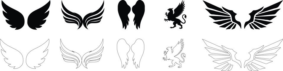 Wings icon, Black wing silhouettes, Angel and bird wings icons, Wings collection in different shapes.Vector angel wings set collection illustration drawing silhouette design graphic element isolated 