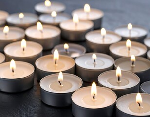 Many small tea light candles burning