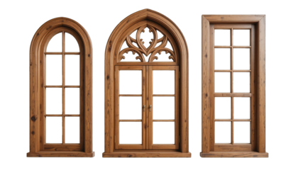 Three wooden window frames with different designs architectural isolated on a transparent background