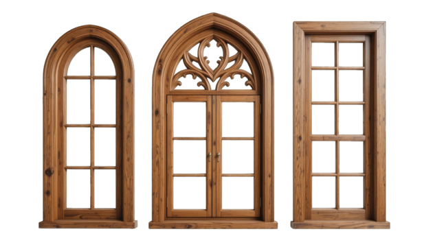 Three wooden window frames with different designs architectural isolated on a transparent background