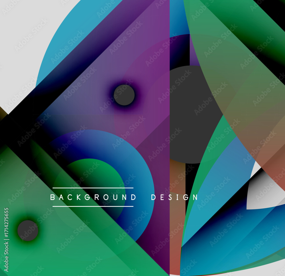 Poster abstract geometric shapes overlap, creating vibrant color gradients. modern design elements suggest 