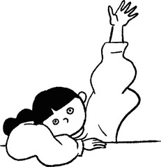 Woman waving her hand Raising her hands in surrender Line art Vector