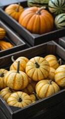 Close-up of small, striped pumpkins in wooden crate, showcasing autumn harvest abundance, symbolizing fall, harvest, and Thanksgiving themes