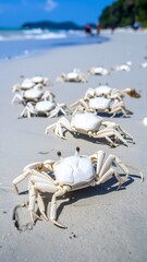 Many white crabs on a sandy beach