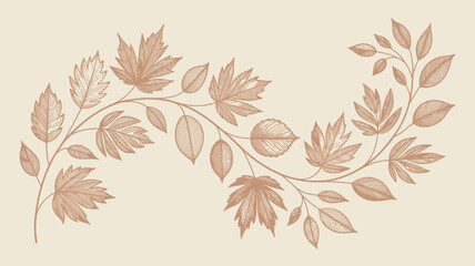 A delicate illustration of a winding branch adorned with various leaves on a light beige background