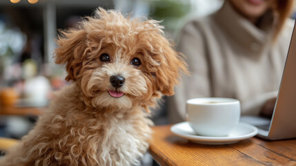 Dog in a cafe, pet with owner at work,pet friendly