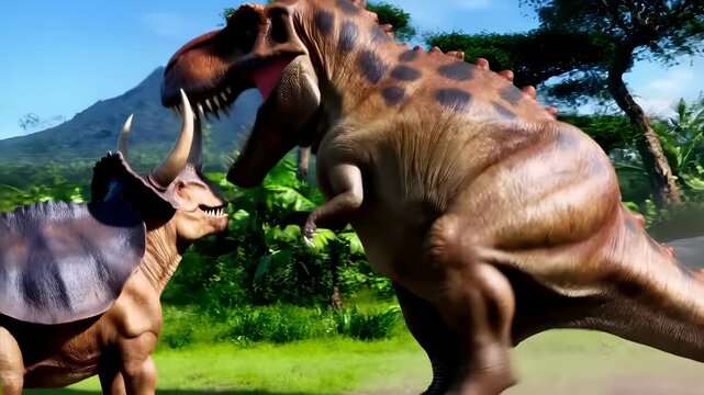 the battle of the dinosaurs Tyrannosaurus vs Triceratops render 3D