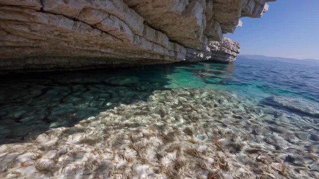Crystal Clear Waters Under Limestone Cliffs on a Sunny Day at Dugi Otok, Croatia, Showcasing Tranquil Natural Beauty and Pristine Landscapes