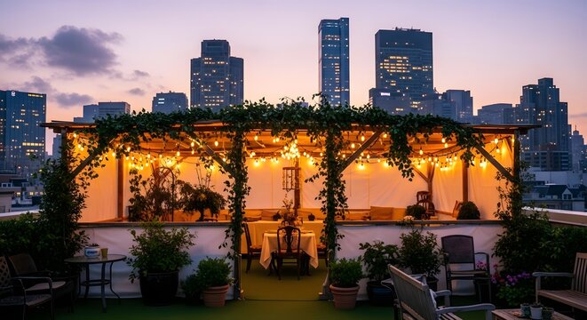 Romantic rooftop setting at dusk, city skyline backdrop, illuminated pergola, lush greenery.