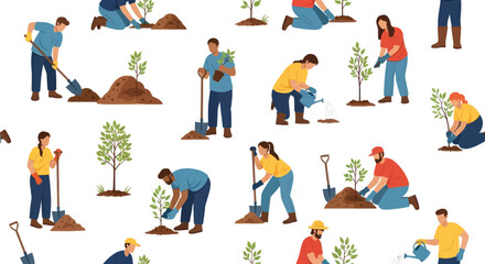 Diverse People Planting Young Trees for Environmental Conservation and Reforestation.