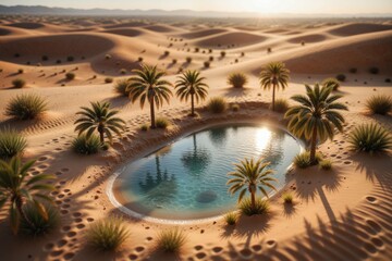 Serene Oasis Surrounded by Sand Dunes and Palm Trees at Sunset