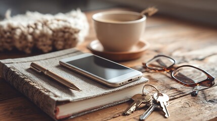 Smartphone and stationary item with cup of tea isolated on the wooden table 