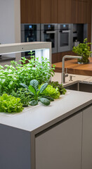 hydroponic kitchen, indoor farming, futuristic cooking, green design, modern kitchen island, sustainable lifestyle, LED grow lights, fresh herbs, eco-friendly home, realistic photography