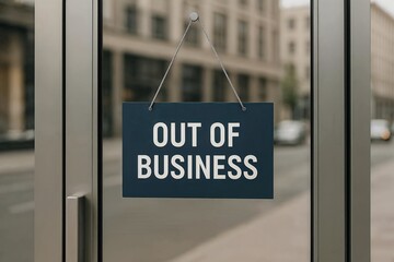 Sign saying "Out of Business" hanging on glass storefront door  