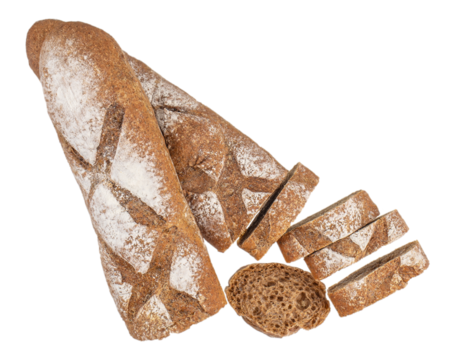 Whole grain rye bread with slices isolated on white background, top view.