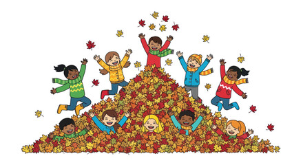 Joyful children jumping and playing in a large pile of autumn leaves.